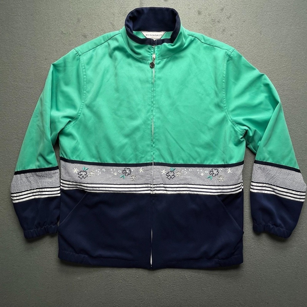 VTG Y2K Allison Daley Floral Embroidered Colorblock Track Jacket Green Navy 12